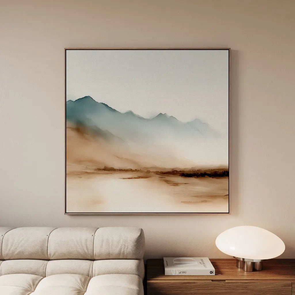 Framed Canvas Print Beige and Blue Mountains
