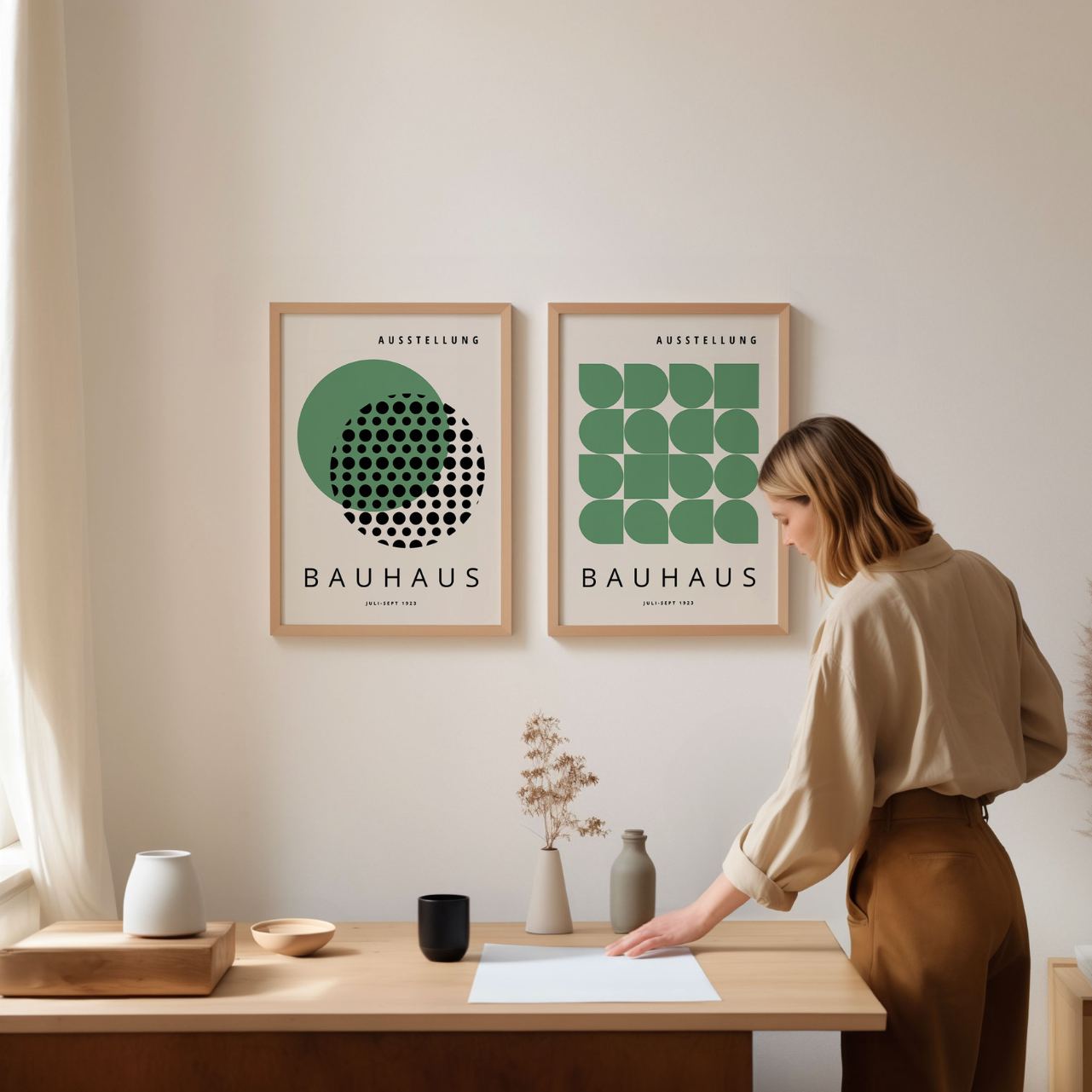 Bauhaus Green Geometry Poster Set of 2