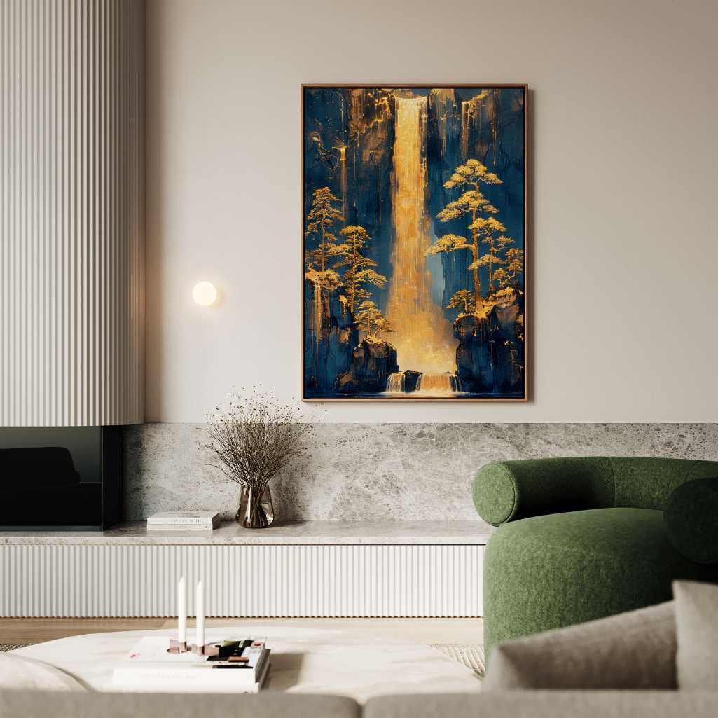 Framed Canvas Print Golden Eastern Waterfall