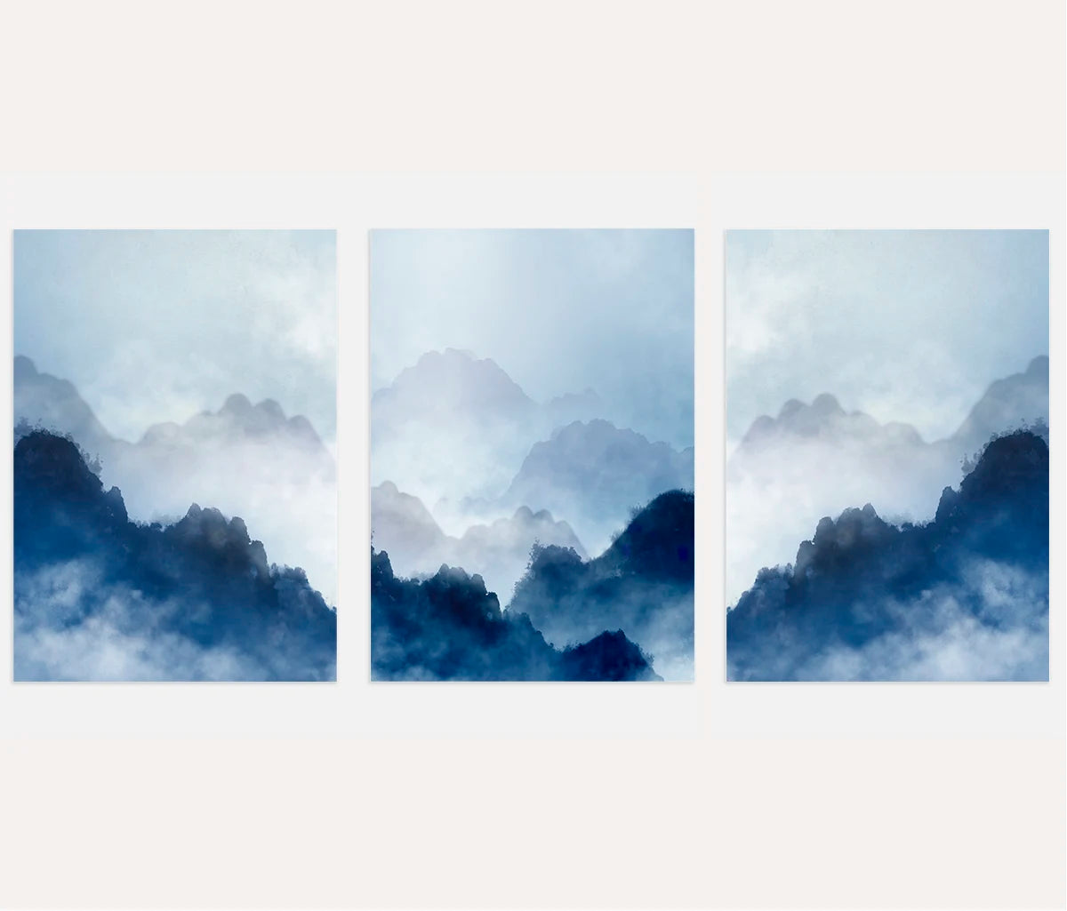 Misty Blue Mountains Wall Art – Atmospheric Landscape Print Set of 3