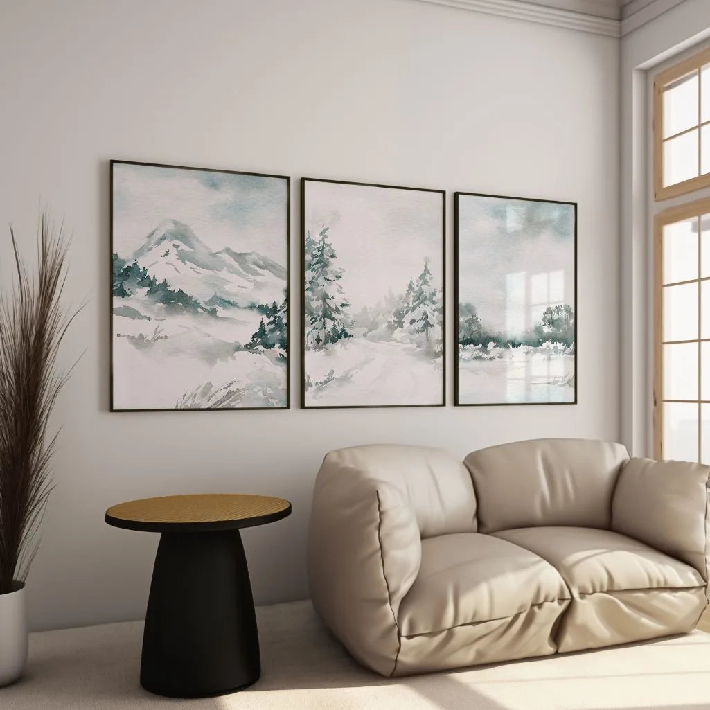 Watercolor Winter Landscape Art Prints – Minimal Nature Set of 3