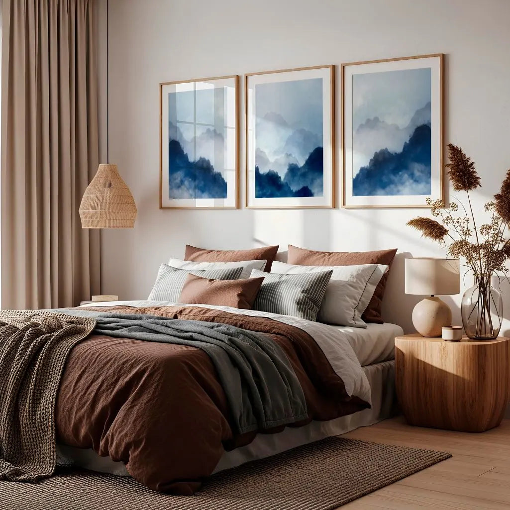 Misty Blue Mountains Wall Art – Atmospheric Landscape Print Set of 3