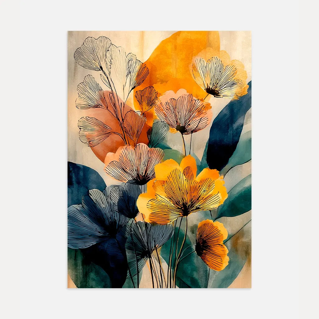 Mustard yellow and teal abstract floral poster with modern botanical wall art for contemporary office decor