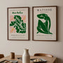 Set of 2 abstract green posters displayed as gallery wall in bright contemporary interior