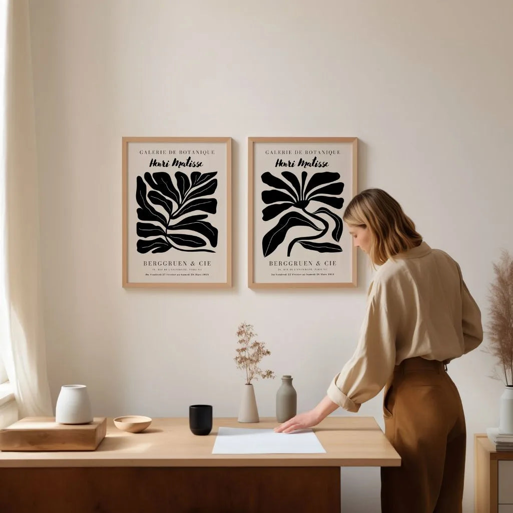 Set of 2 abstract plant posters arranged as gallery wall in modern interior