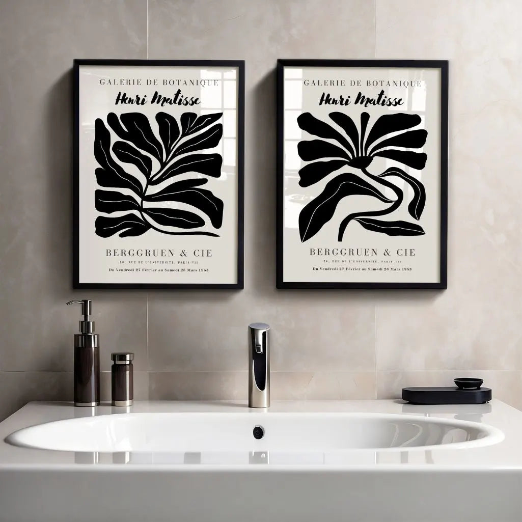 Set of 2 abstract plant posters styled in modern living room with minimalist decor