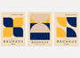 bauhaus poster set of 3 with navy yellow and beige geometric circles and color blocks
