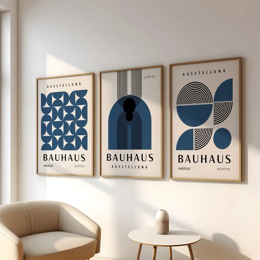 Bauhaus set of 3 wall art prints – geometric Bauhaus poster trio for interior decor and contemporary living spaces