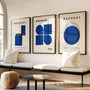 navy bauhaus wall art set in calm modern minimalist living room