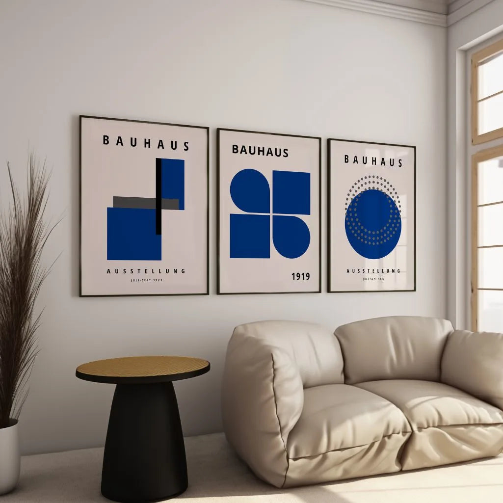 navy geometric bauhaus poster set in contemporary office workspace