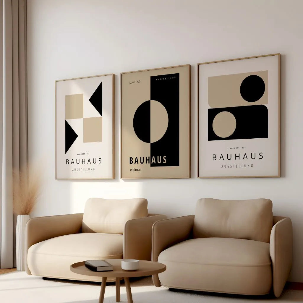 bauhaus weimar poster set of 3 deep black warm beige scandinavian interior wall art