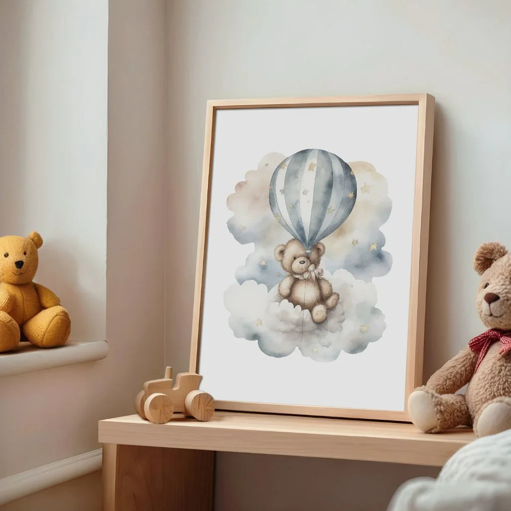 bear on cloud balloon poster nursery decor
