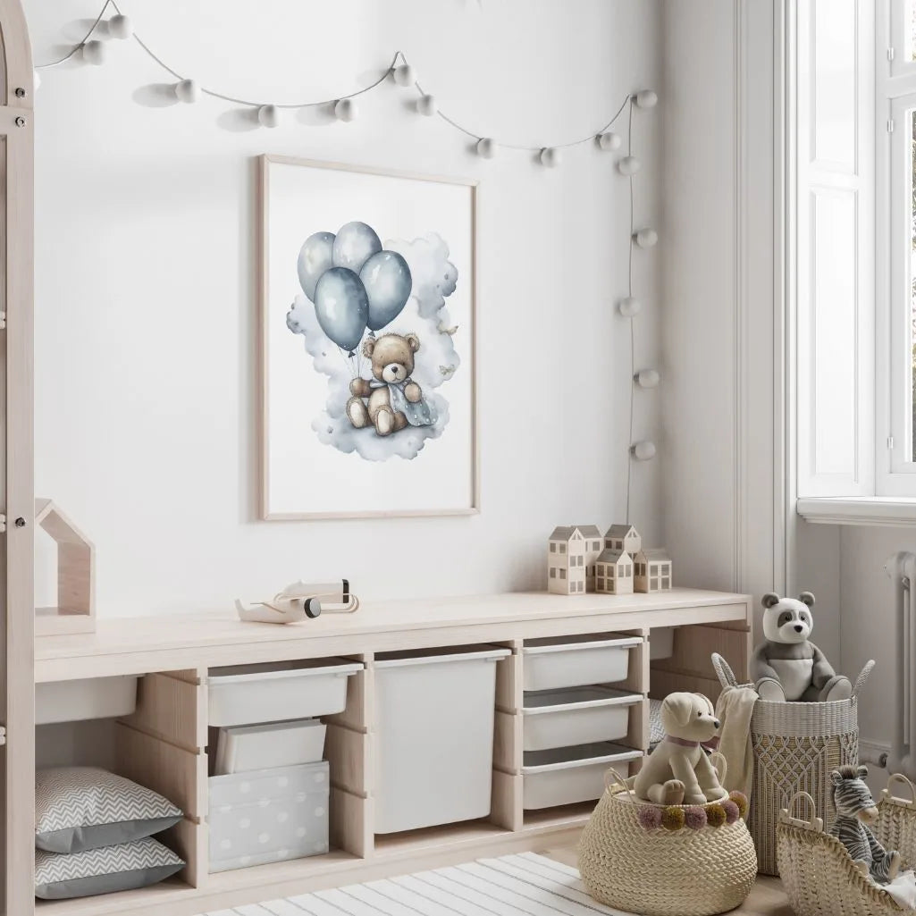 bear on cloud blue balloons poster kids bedroom wall art