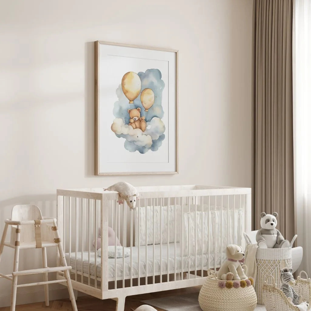 bear on cloud golden balloons poster kids sky theme gallery wall