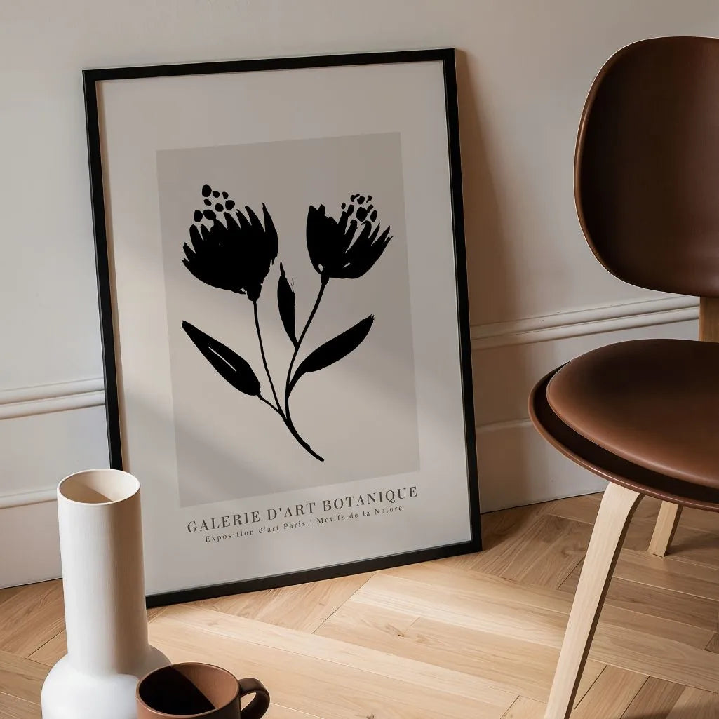 black floral poster on beige background living room wall decor