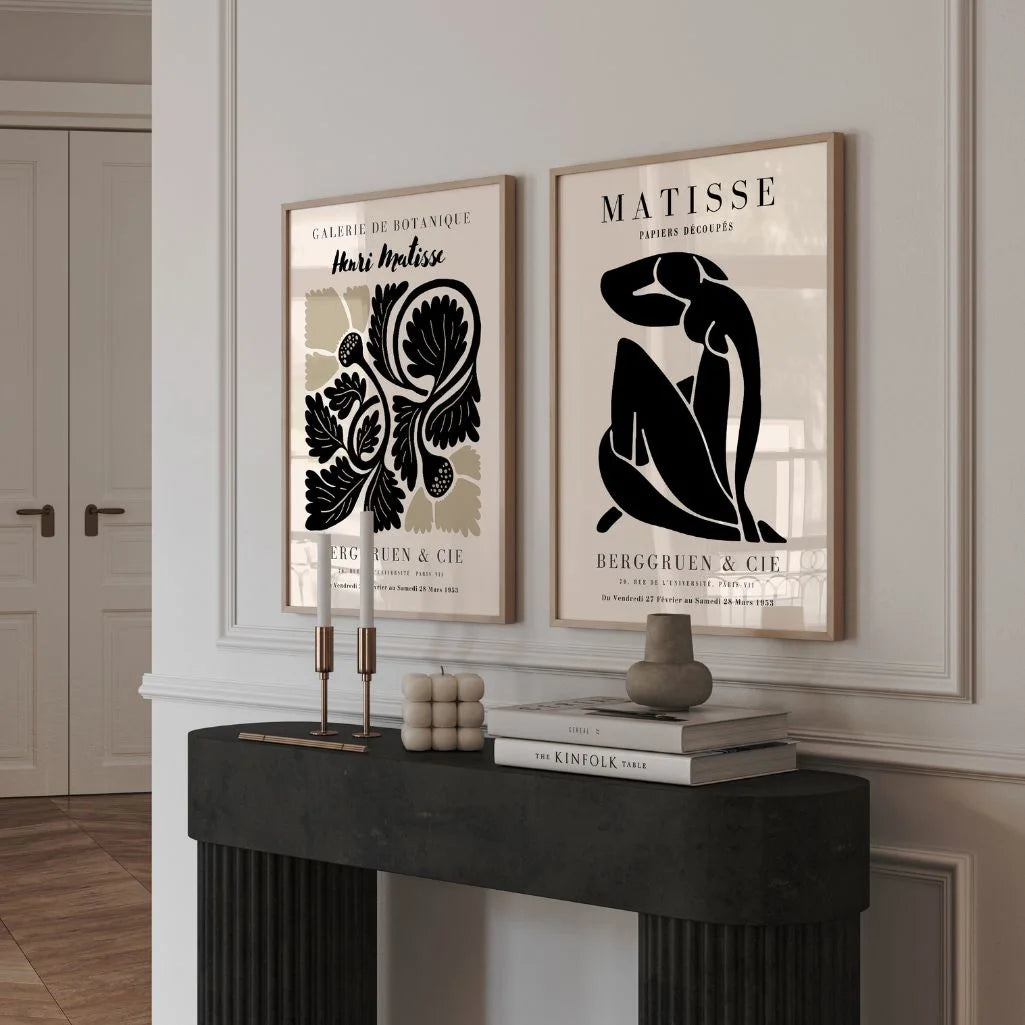 Set of 2 black abstract posters arranged as gallery wall in modern interior