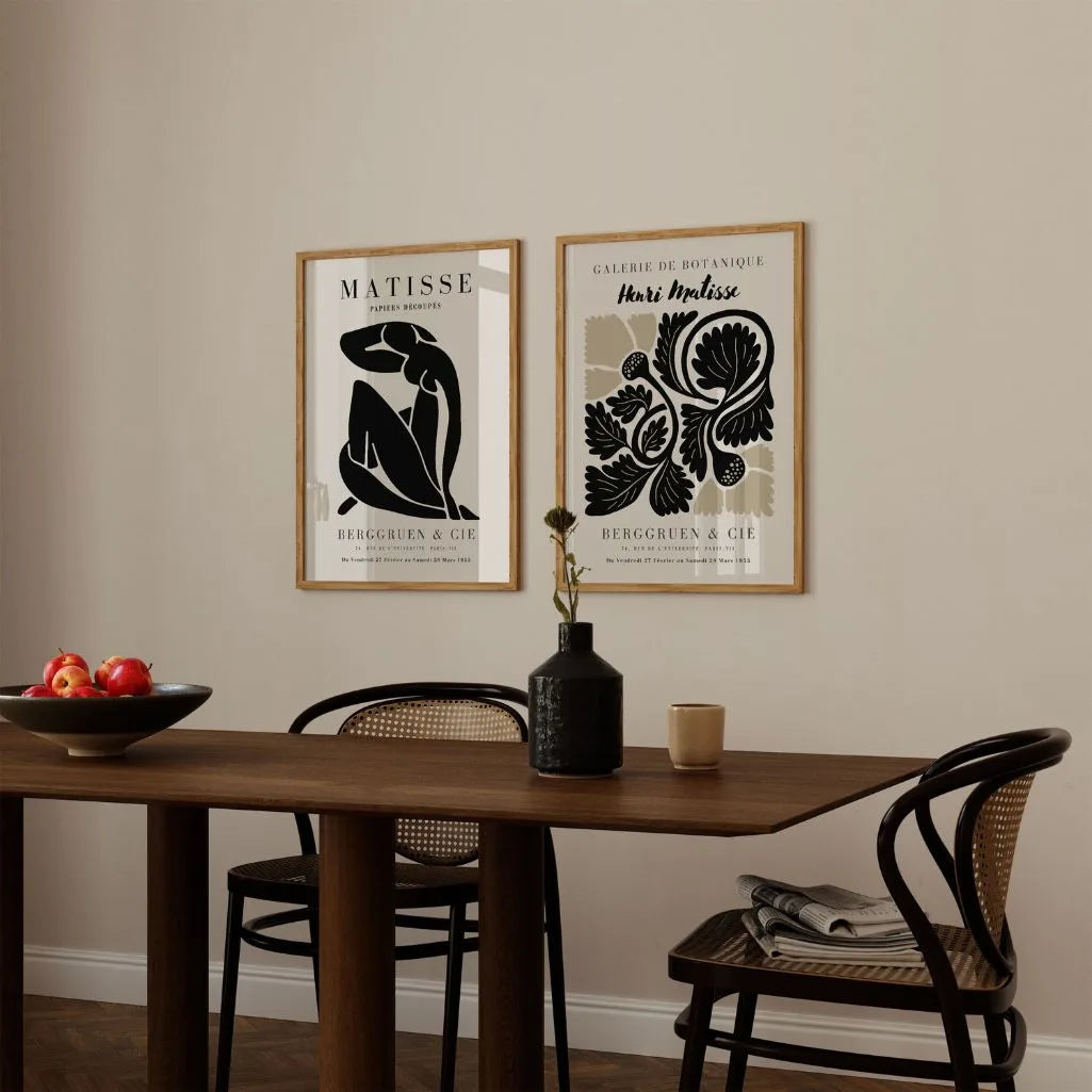 Set of 2 black abstract posters styled in modern living room with minimalist decor