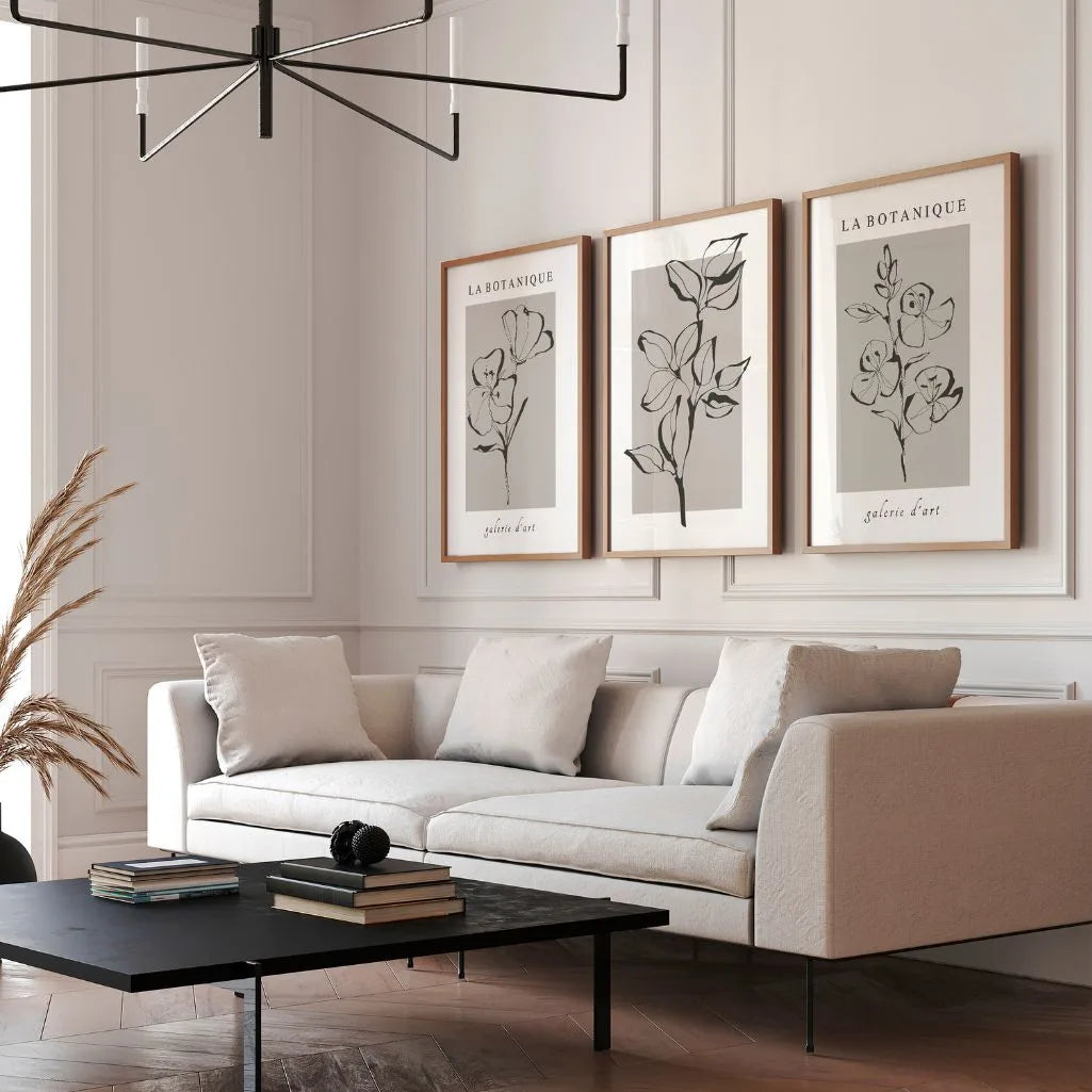 botanical line art poster set soft beige grey minimalist bedroom wall art calm decor