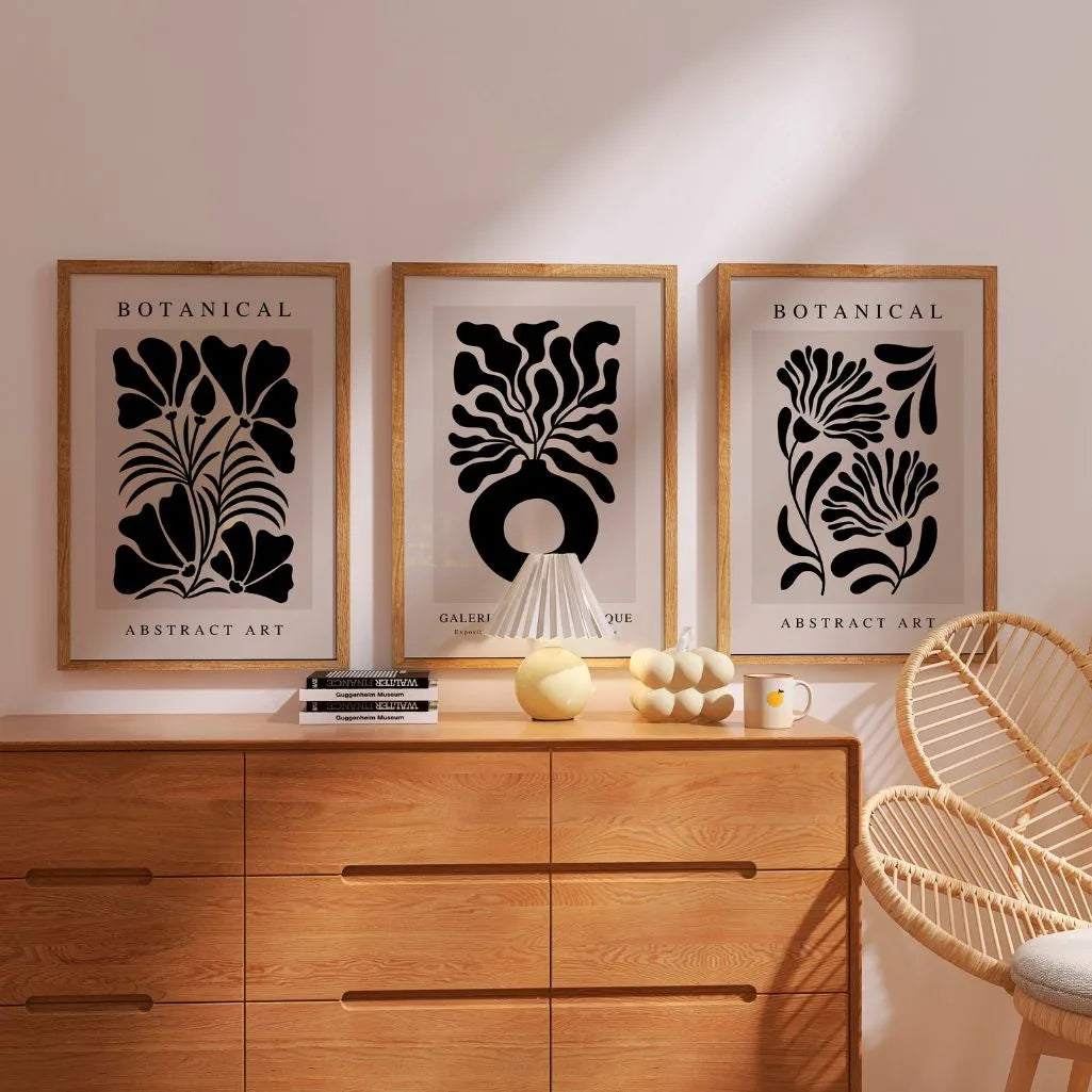 black botanical poster set gallery wall modern abstract decor