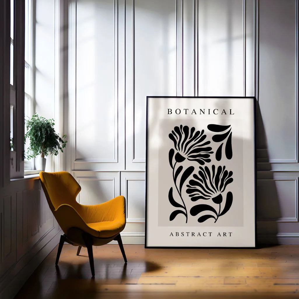 Graphic botanical poster displayed in gallery wall with modern minimalist decor