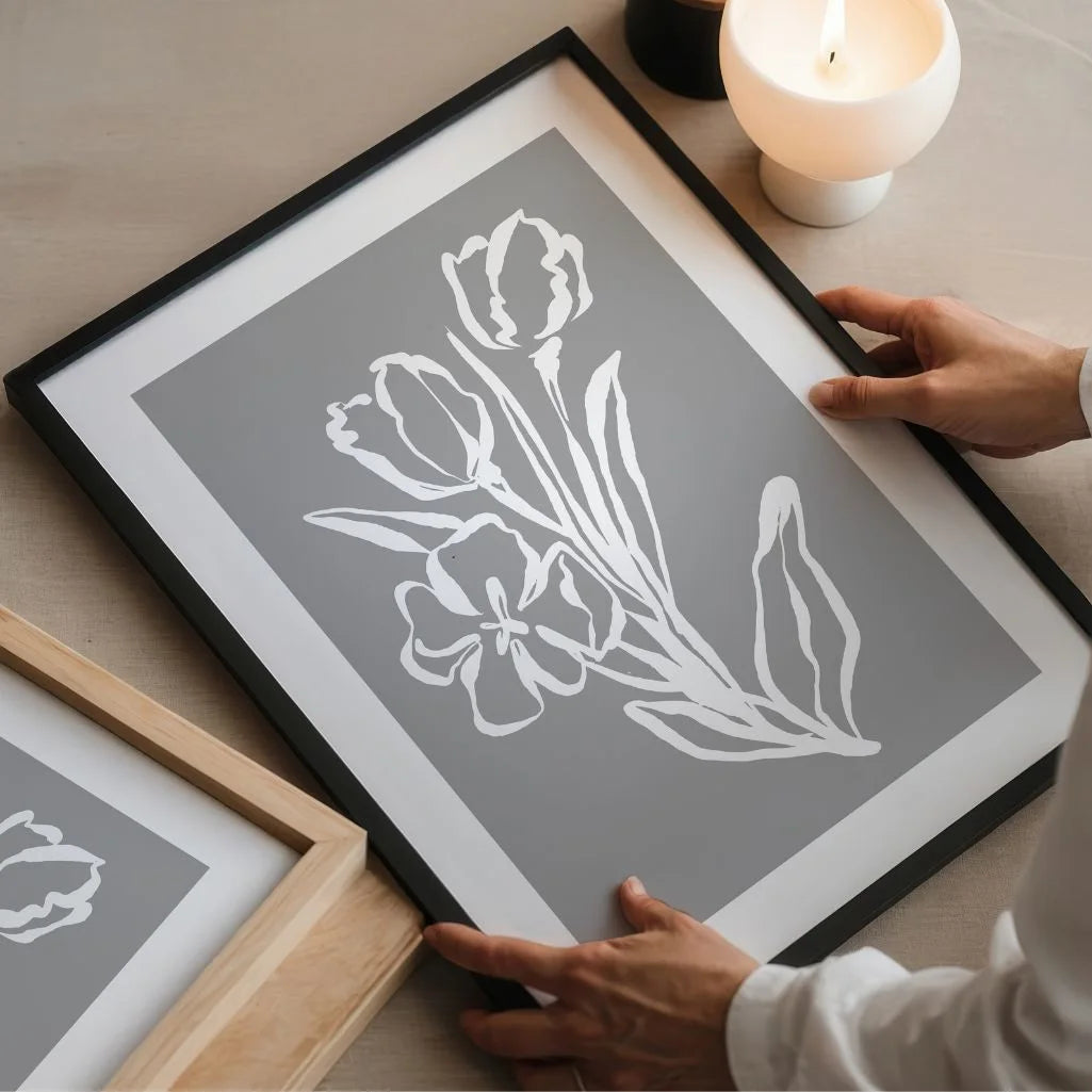 grey floral line poster living room modern neutral decor