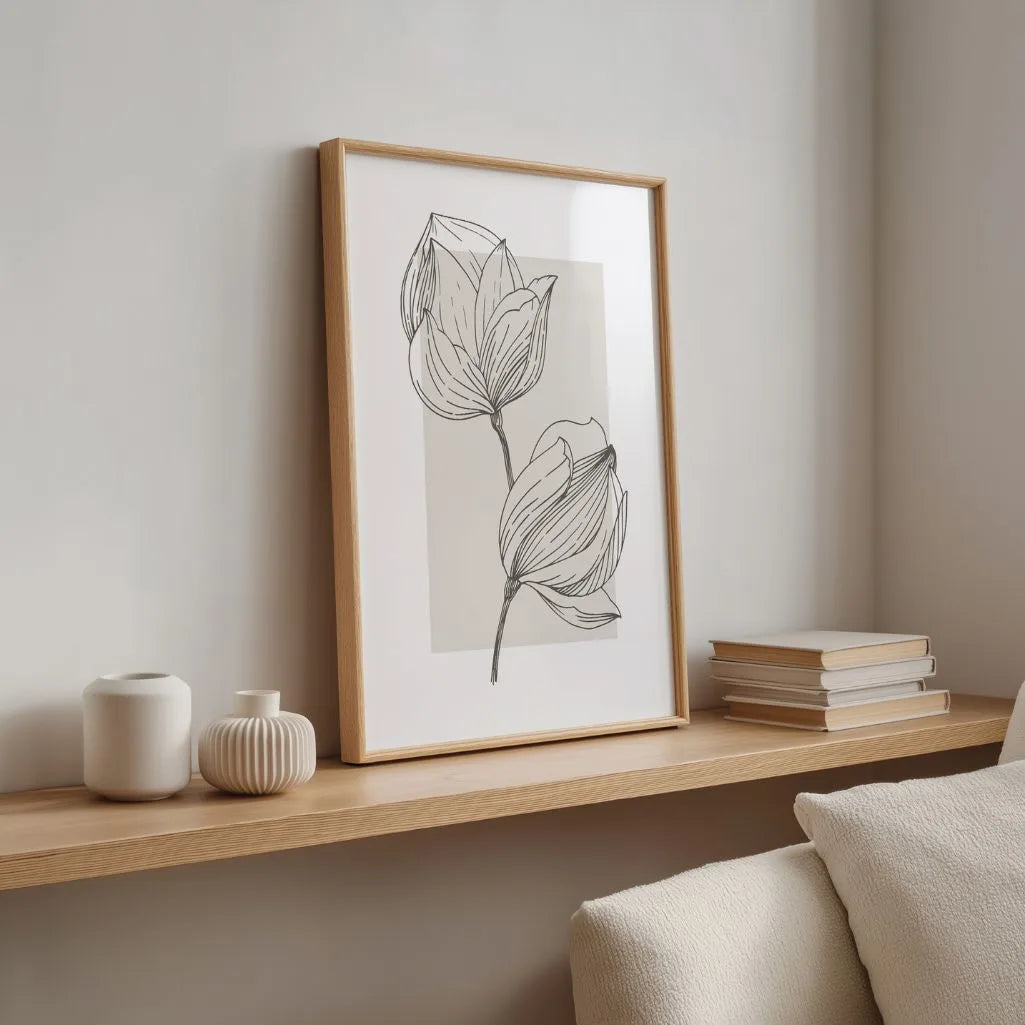 magnolia line drawing detail fine sketch beige background