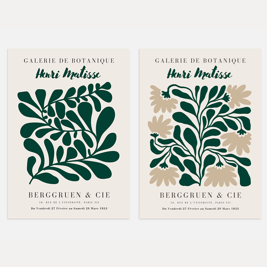 Matisse abstract green leaves set of 2 posters with botanical shapes in green and beige