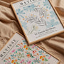 Close up of blue watercolor flowers poster showing soft textures and delicate brushwork