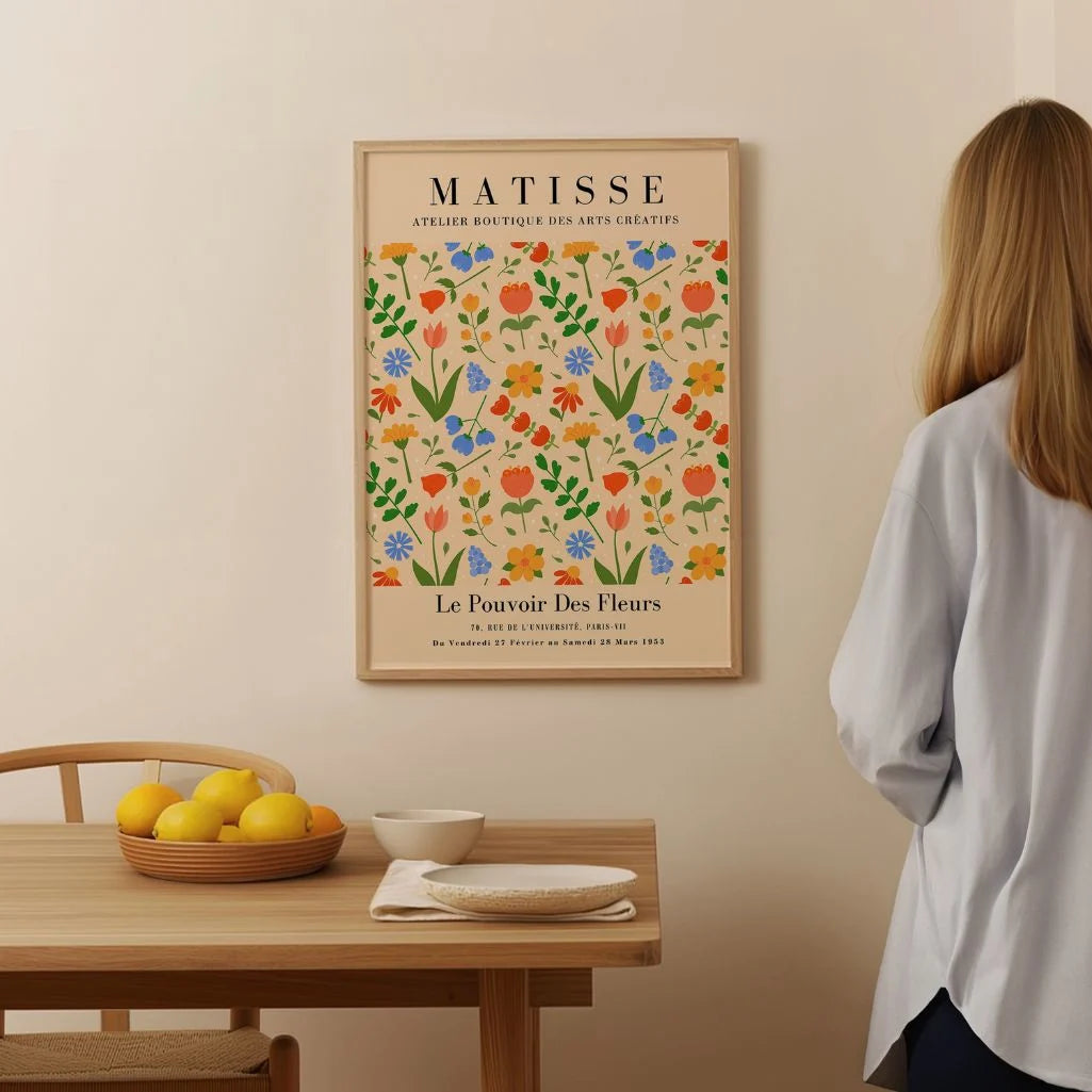 Matisse inspired floral garden poster displayed in gallery wall with botanical prints