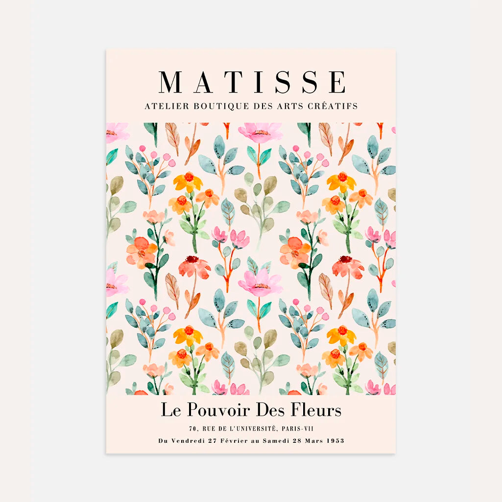 Matisse floral watercolor poster with pastel flowers and soft botanical composition