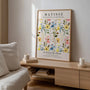 Close up of colorful watercolour meadow poster showing soft brushwork and floral details
