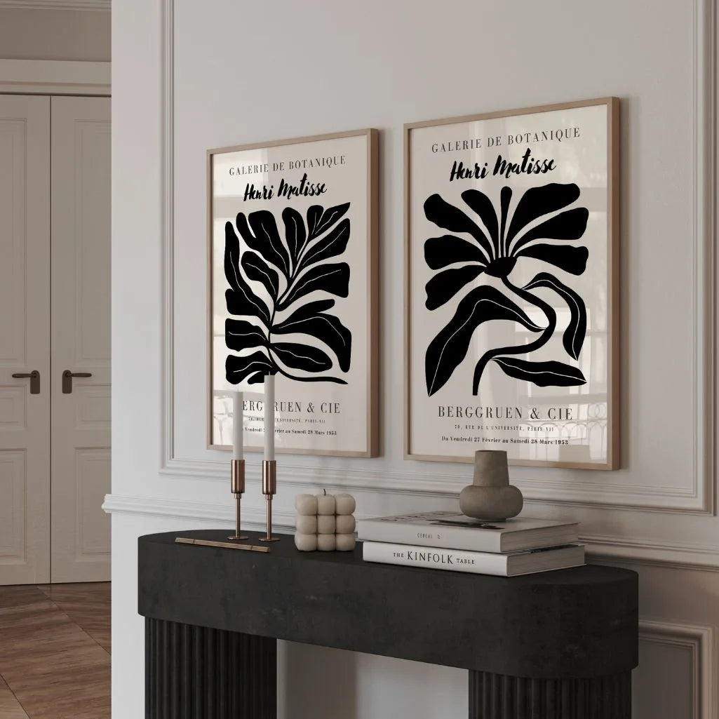 Close up of abstract plant poster set showing black organic shapes and clean contrast