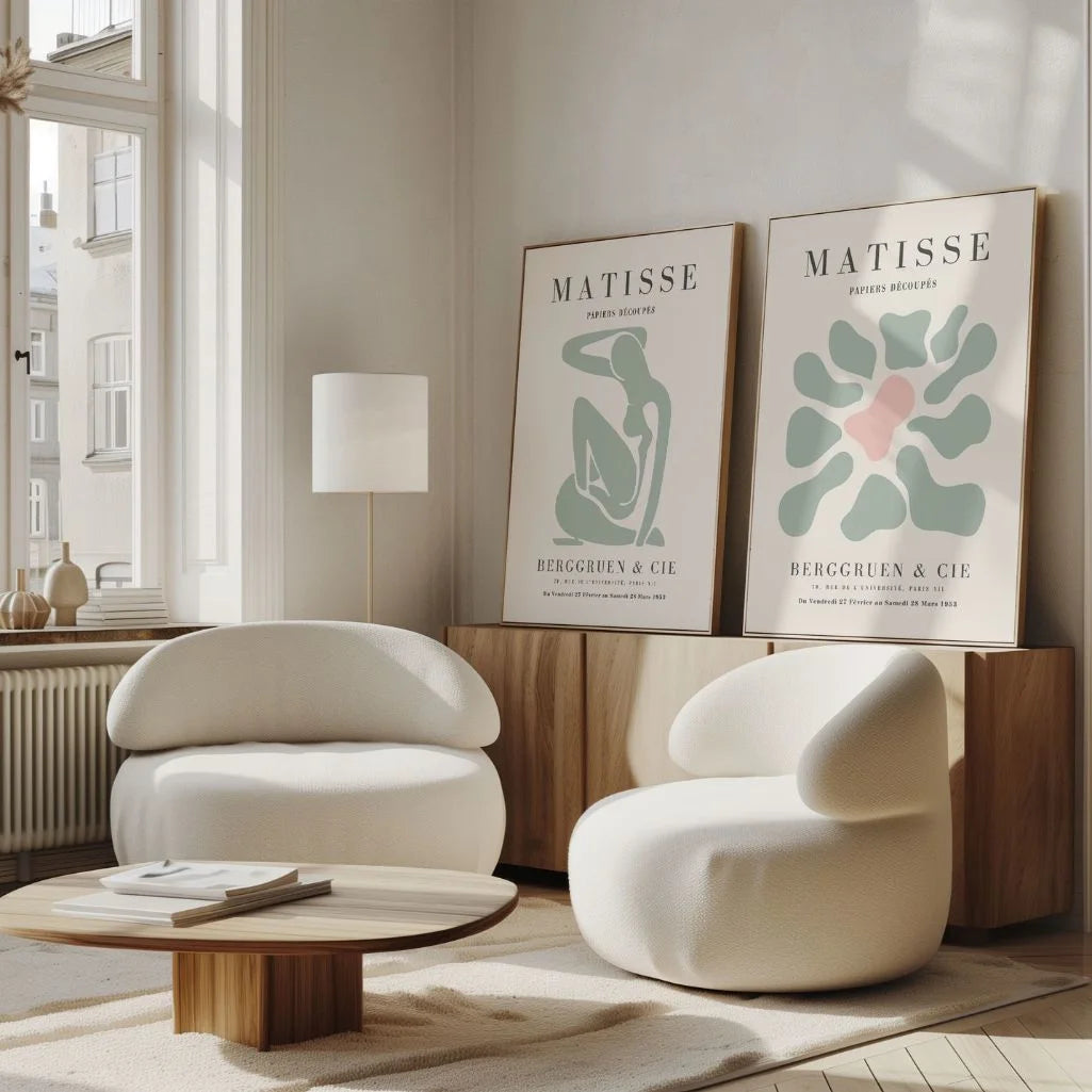 Set of 2 mint abstract posters styled in bright bedroom with soft modern decor