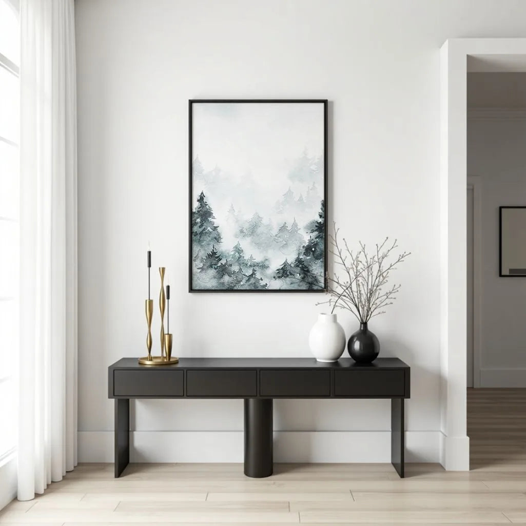 misty forest watercolor poster gallery wall neutral decor