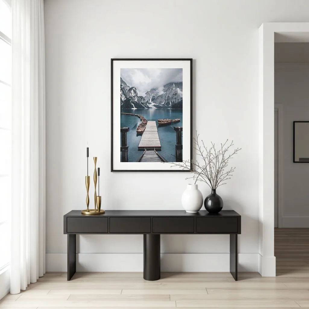 pier on mountain lake poster living room wall decor