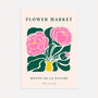 Pink peonies poster with bold vintage floral design and green accents