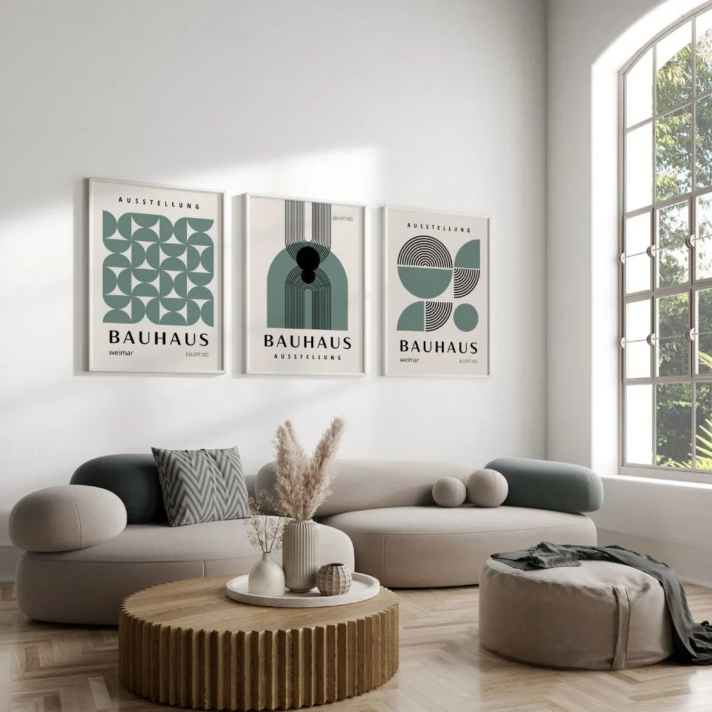 green and sage bauhaus poster set arranged in modern gallery wall with geometric segments