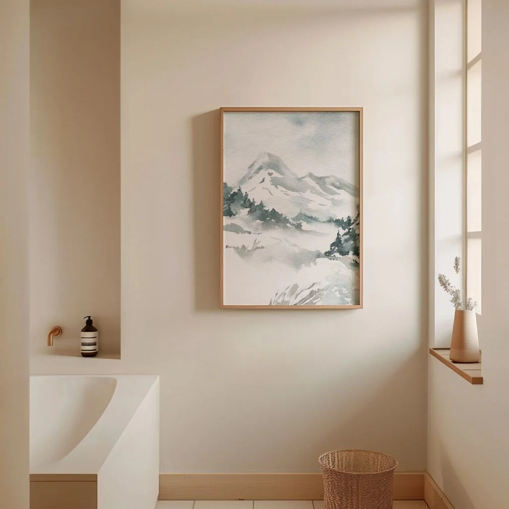 Snowy mountain poster displayed in gallery wall with modern interior