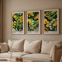 Gallery wall with yellow and green spring floral poster set of 3, modern Japanese nature inspired wall art layout