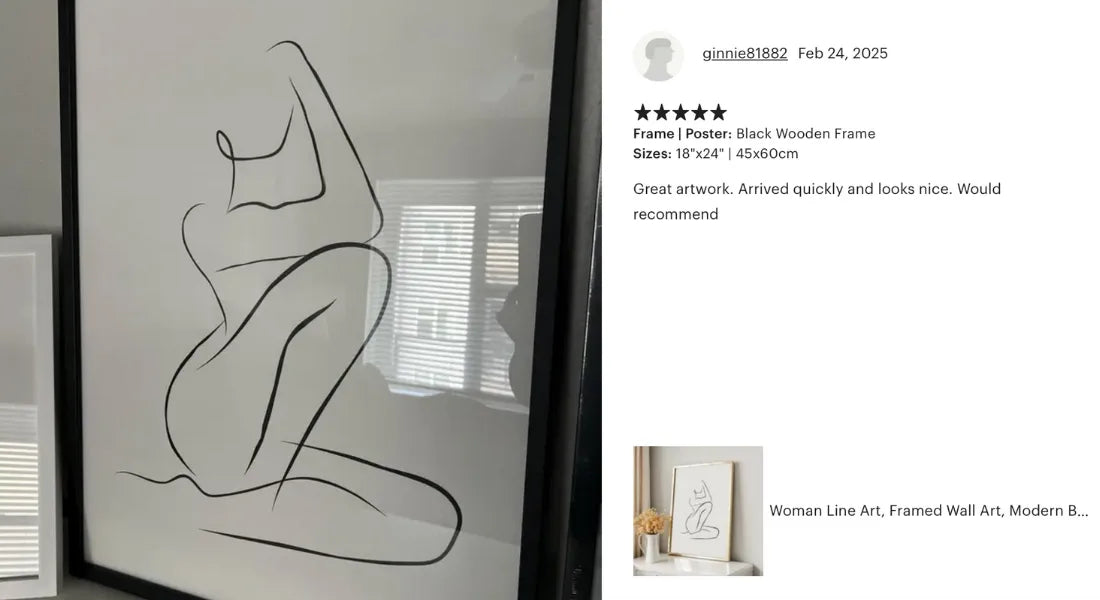minimalist woman line art poster in black frame displayed in modern home interior
