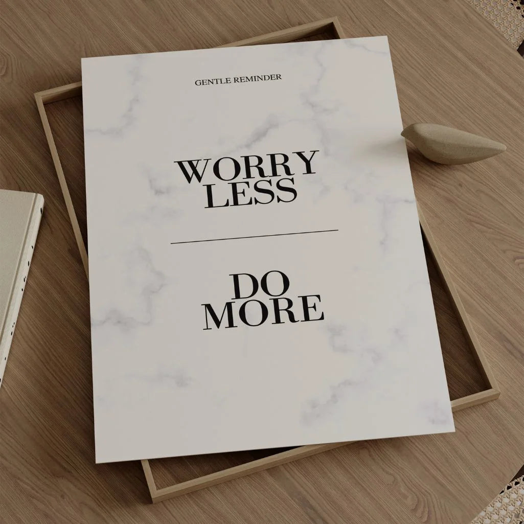 minimalist marble quote poster in calm bedroom setting